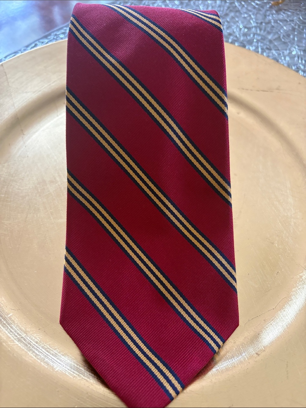 Brooks Brothers Men's Burgundy Tie with Navy and Gold Stripes